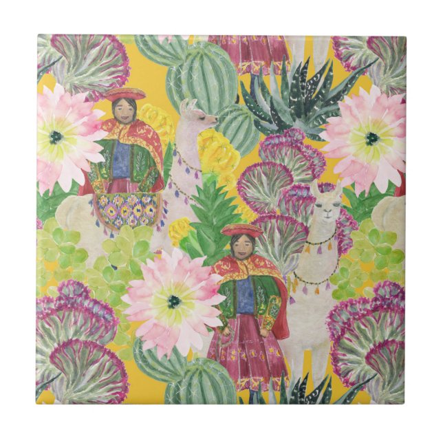 Watercolor Peruvian Woman & Llama Pattern Tile (Front)