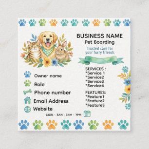 Watercolor Pet Boarding & Dog Daycare Customizable Square Business Card