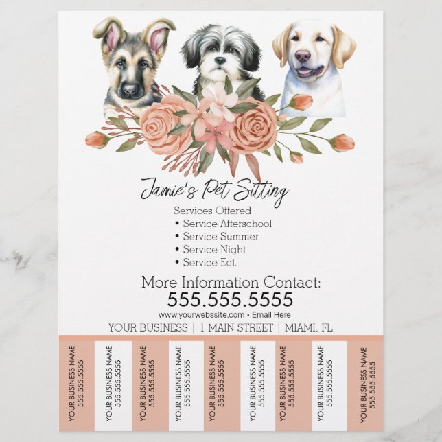 Watercolor Pet Business Dog Tear Off Strips Flyer  (Front)