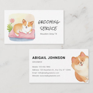 Watercolor Pet Grooming with Cute Corgi Design Business Card