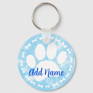 Watercolor Pet Paw Print and Bones Blue Keychain