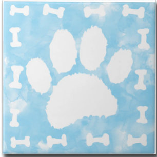 Watercolor Pet Paw Print and Bones Blue Tile