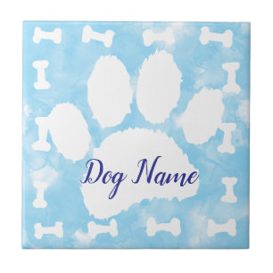 Watercolor Pet Paw Print and Bones Custom Name Tile