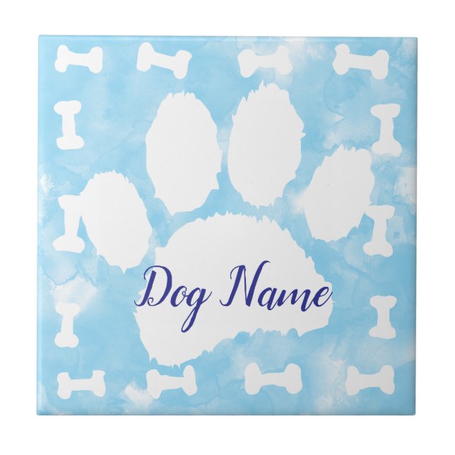 Watercolor Pet Paw Print and Bones Custom Name Tile (Front)