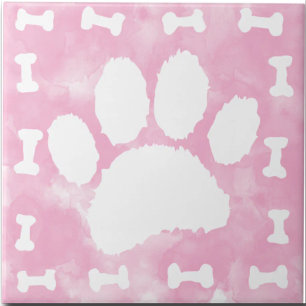 Watercolor Pet Paw Print and Bones Pink Tile