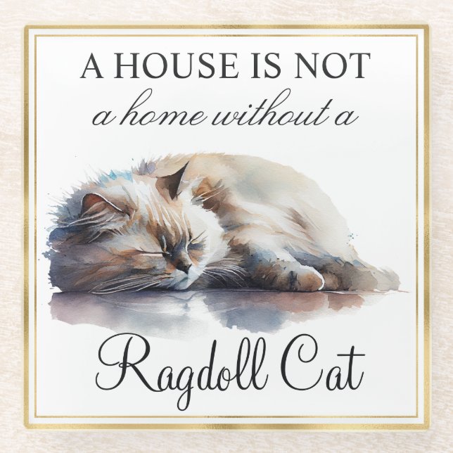 Watercolor Pet Ragdoll Cat and Gold Frame Glass Coaster (Front)