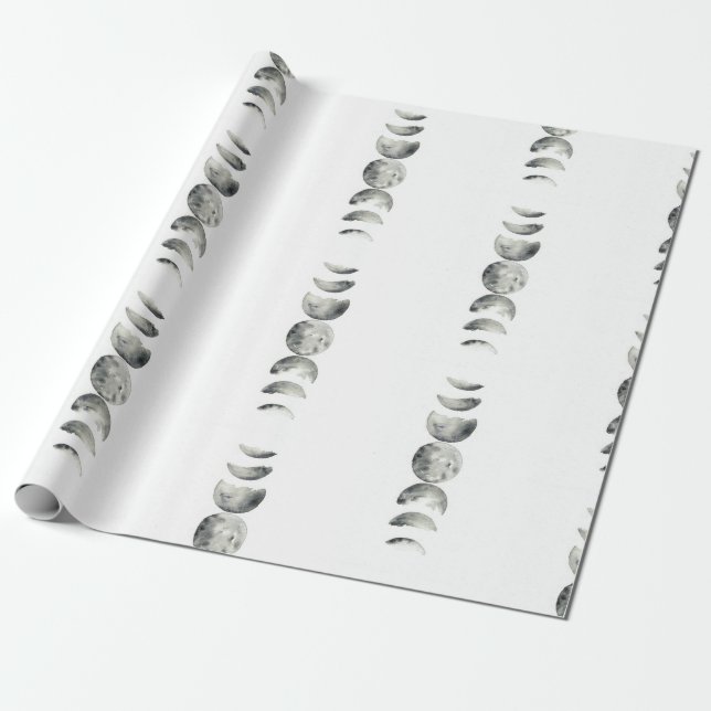 Watercolor Phases of the Moon Wrapping Paper (Unrolled)