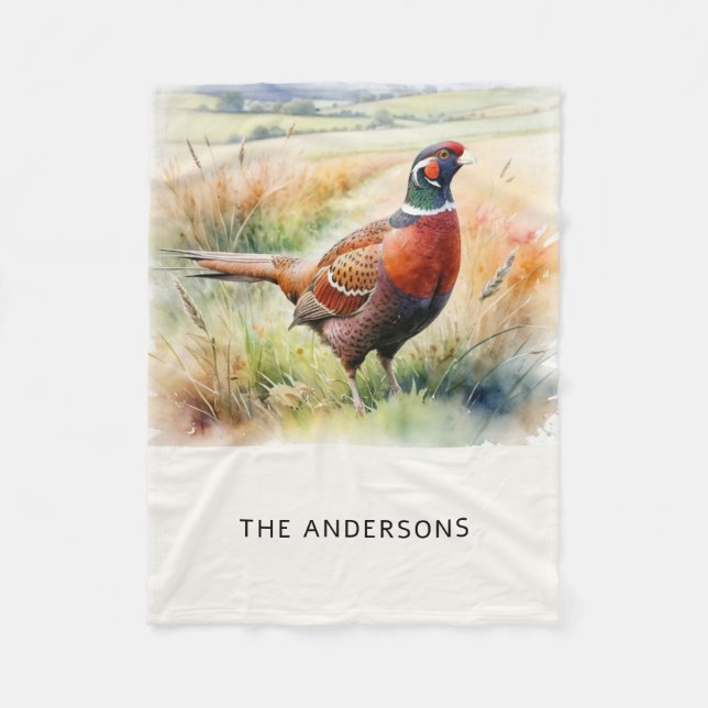 Watercolor Pheasant Print Personalized Throw Fleece Blanket (Front)