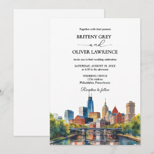 Watercolor Philadelphia Pennsylvania City Wedding Invitation