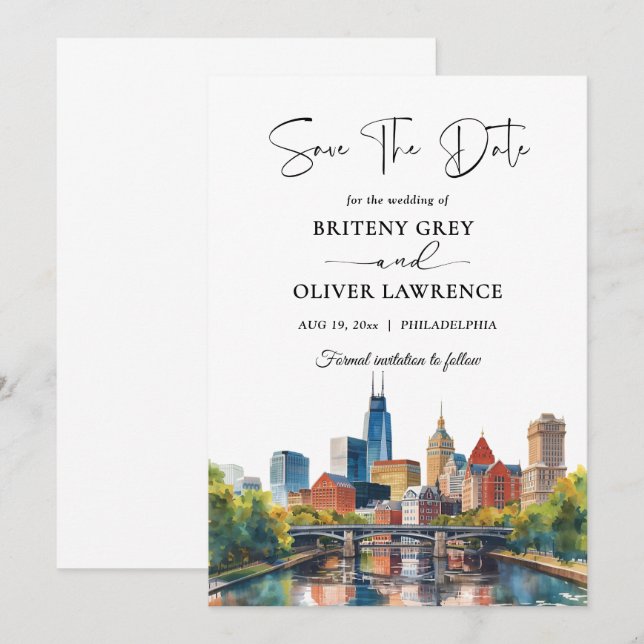 Watercolor Philadelphia Pennsylvania skyline Save The Date (Front/Back)