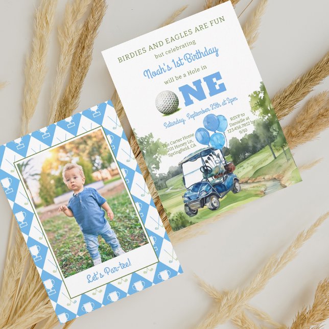 Watercolor Photo Hole in One Golf 1st Birthday Invitation (Creator Uploaded)