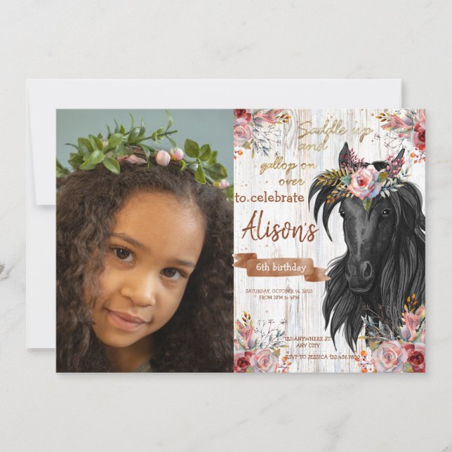 Watercolor Photo horse birthday cowgirl Invitation (Front)