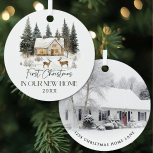 Watercolor Photo Keepsake First Christmas Home Metal Ornament