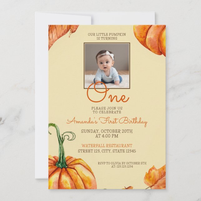 Watercolor Photo Pumpkin Baby 1st Birthday Invitation (Front)