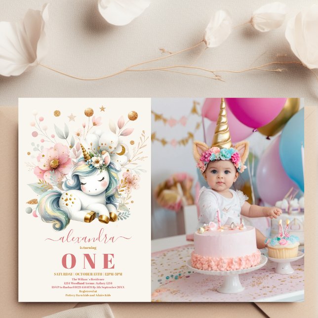 Watercolor photo Unicorn Birthday 1st Invitation (Creator Uploaded)