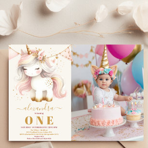 Watercolor photo unicorn happy 1st birthday invitation