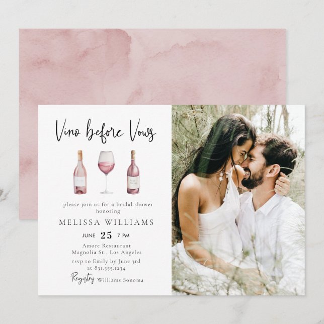 Watercolor Photo Vino Before Vows Bridal Shower  Invitation (Front/Back)