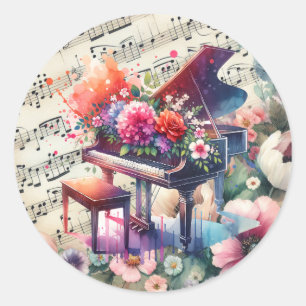 Watercolor Piano and Flowers Classic Round Sticker