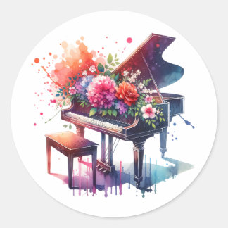 Watercolor Piano and Flowers Classic Round Sticker