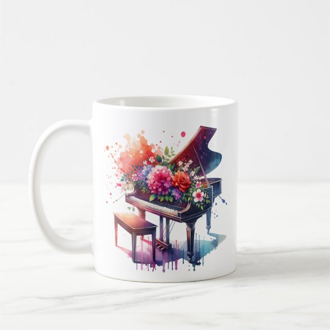 Watercolor Piano and Flowers Personalized Coffee Mug (Left)