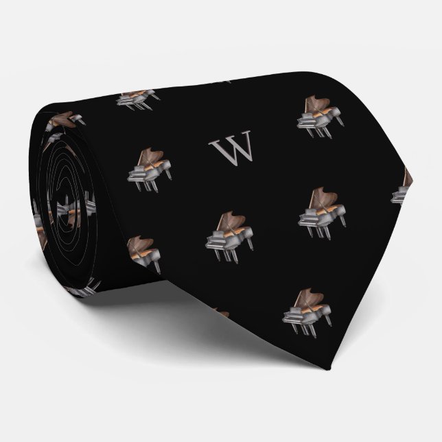 Watercolor Piano Monogram Initial Midnight Black Tie (Rolled)