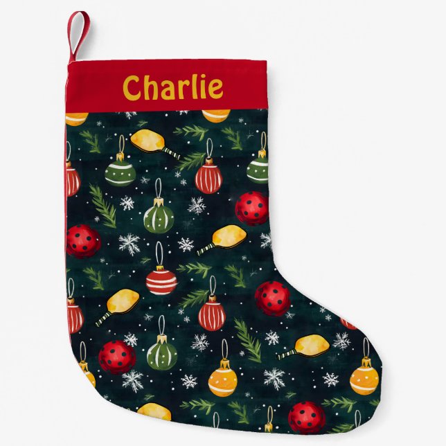 Watercolor Pickleball Holiday Rally Small Christmas Stocking (Front)