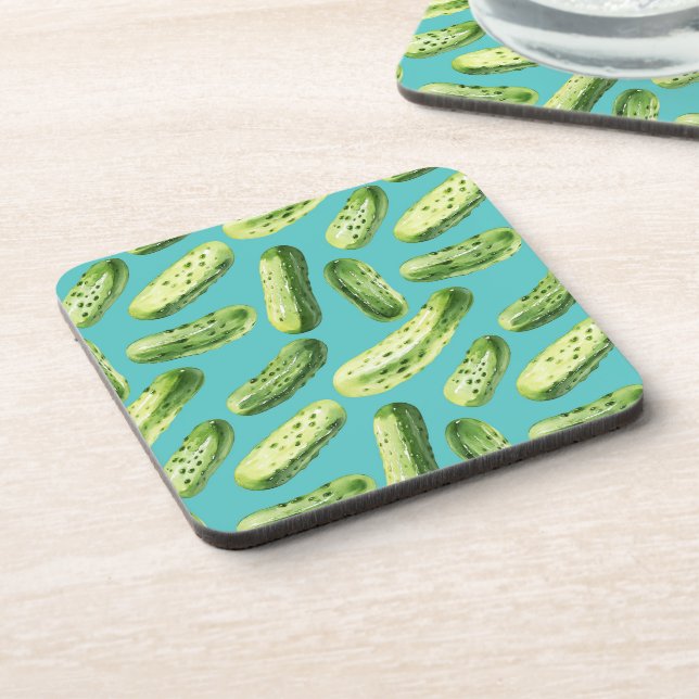 Watercolor Pickles on Turquoise Coaster (Left Side)
