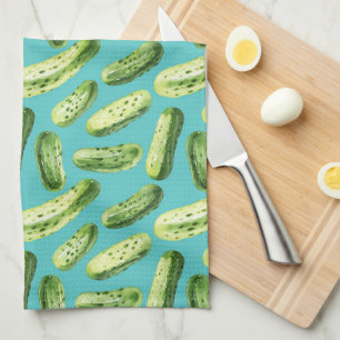Watercolor Pickles on Turquoise Kitchen Towel