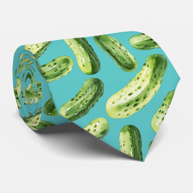Watercolor Pickles on Turquoise Tie (Rolled)
