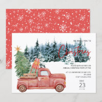 Watercolor Pickup Red Truck Rustic Christmas Party