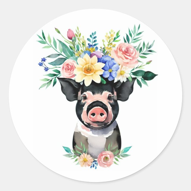 Watercolor pig flower crown classic round sticker (Front)