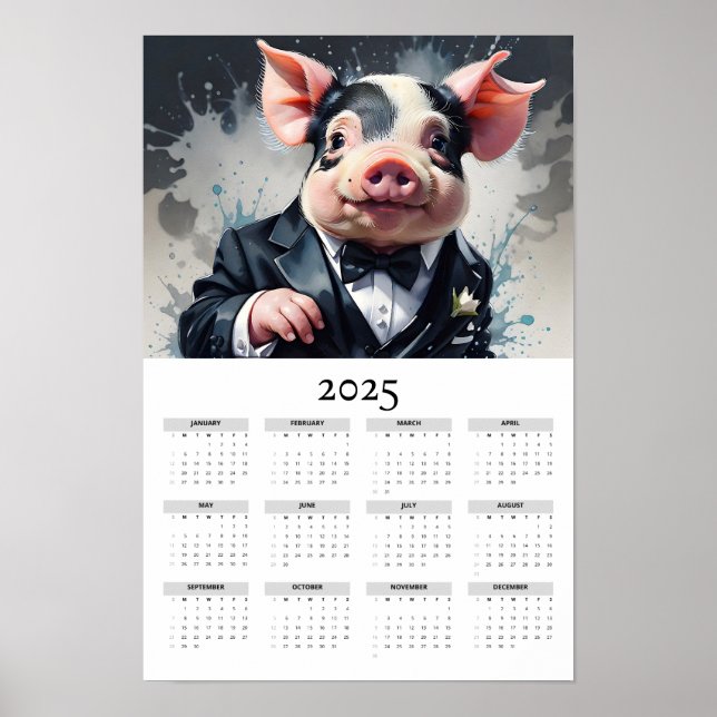 Watercolor Pig Tuxedo Bow Tie 2025 Wall Calendar Poster (Front)