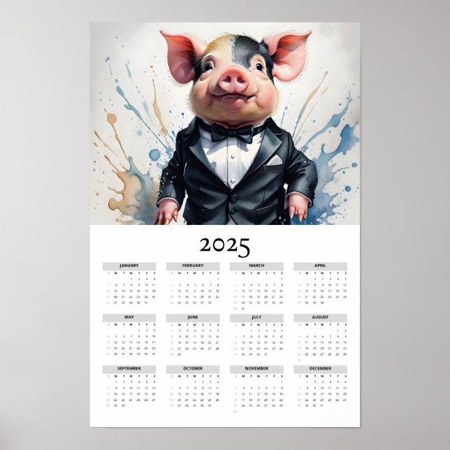 Watercolor Pig Wearing a Tuxedo 2025 Wall Calendar Poster (Front)