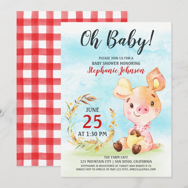 Watercolor Piggy Baby Shower Farm Invitation (Front/Back)