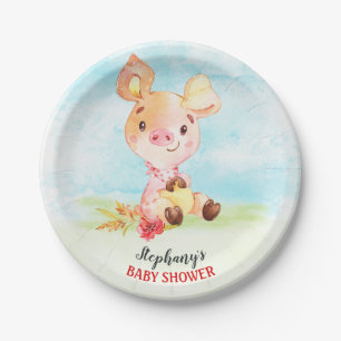 Watercolor Piggy Baby Shower Farm Paper Plate
