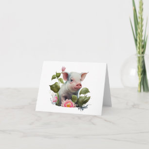 Watercolor Piglet with Flowers BLANK  Card