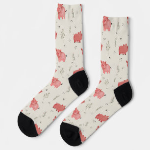 Watercolor Pigs And Flowers Seamless Pattern Socks