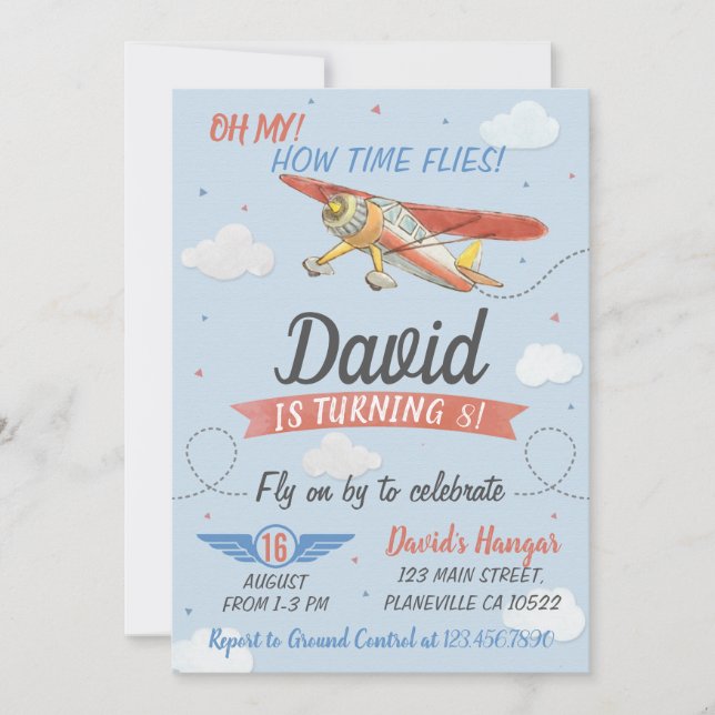 Watercolor Pilot and Airplane Birthday Invitation (Front)