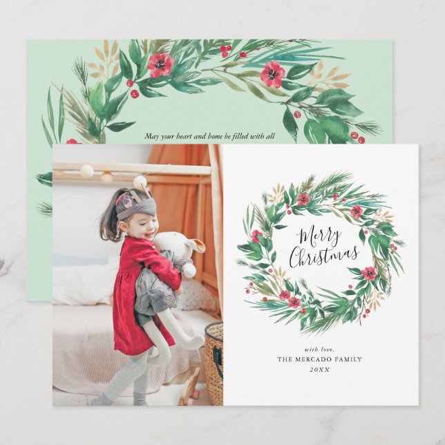 Watercolor Pine and Berry Wreath Christmas Photo Invitation (Front/Back)