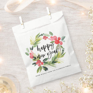Watercolor Pine and Holly Wreath Happy New Year Favour Bag