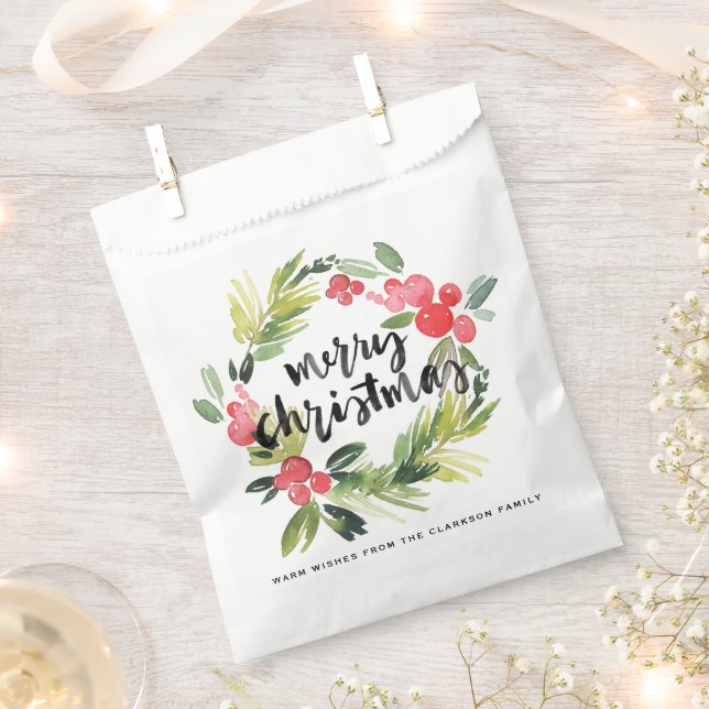 Watercolor Pine and Holly Wreath Merry Christmas Favour Bag (Clipped)