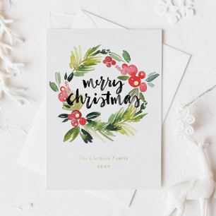 Watercolor Pine and Holly Wreath Merry Christmas Foil Holiday Postcard
