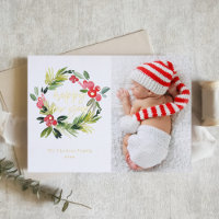 Watercolor Pine and Holly Wreath New Year Photo