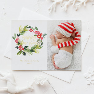 Watercolor Pine and Holly Wreath New Year Photo Foil Holiday Postcard