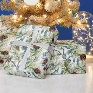 Watercolor Pine and Pine Cones Pattern Christmas Wrapping Paper