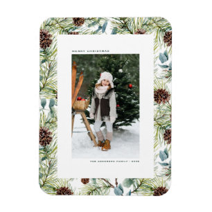 Watercolor Pine and Pine Cones Photo Christmas Magnet
