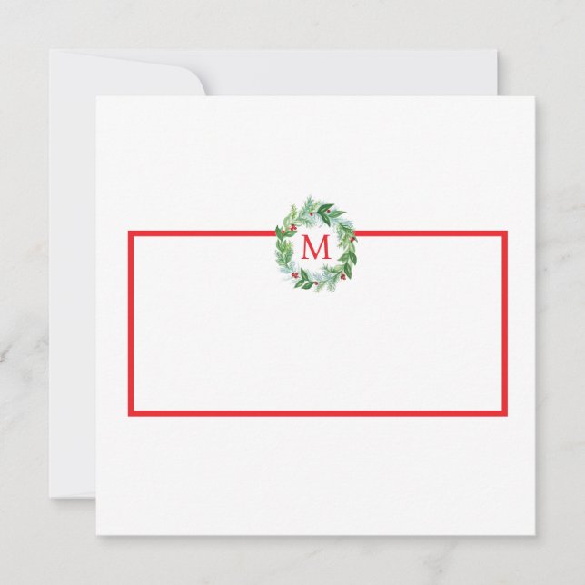 Watercolor Pine Berries Christmas Wreath Monogram Card (Front)