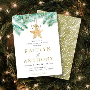 Watercolor Pine Bough Winter Wedding Rehearsal Invitation