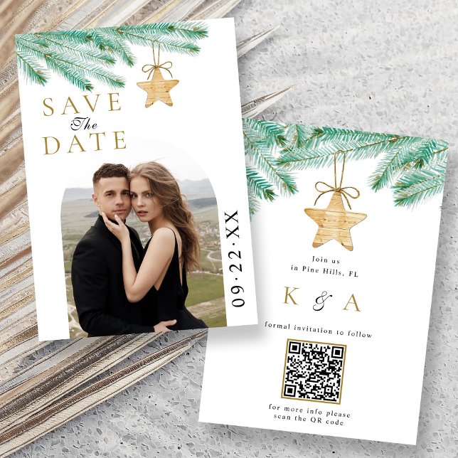 Watercolor Pine Boughs Winter Wedding Photo Save The Date (Creator Uploaded)