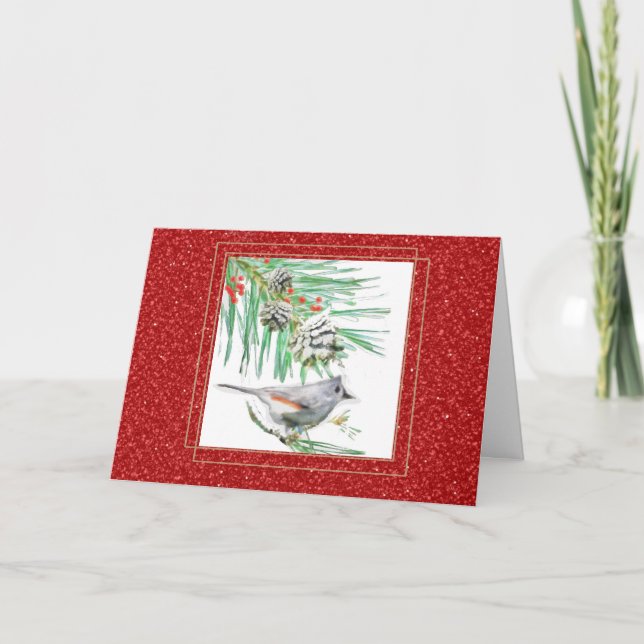 Watercolor Pine Branch and Bird Christmas Card (Front)